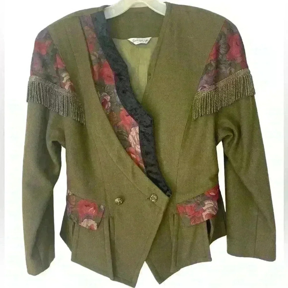Vintage Jacket Skirt Women 9 Med Military Floral Green Wool? *Flaws* Fringe - Picture 1 of 16